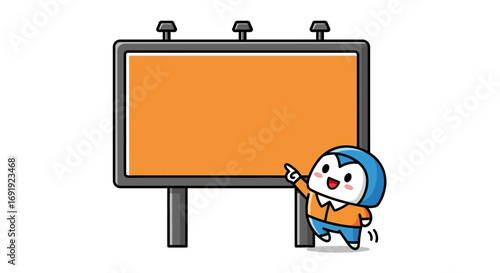 Cartoon Character Pointing at Orange Billboard Sign
