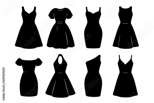 Collection of women's dress silhouettes. Set of elegant black cocktail, party, and evening gowns. Assortment of classic fashion frocks and modern female attire styles. Vector icon set.
