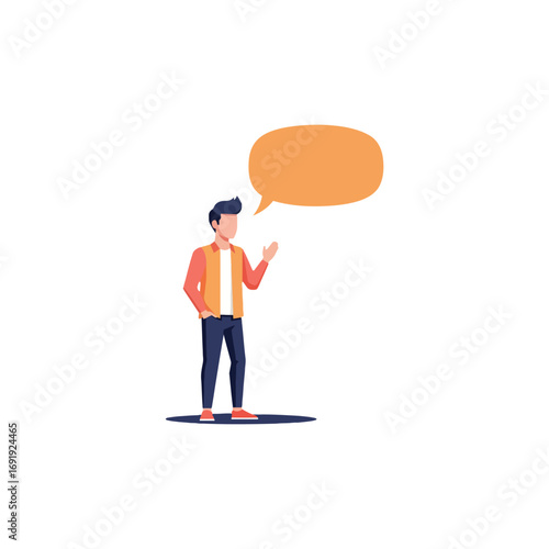 Young man speaking, gesturing, communication, speech bubble, conversation, illustration.