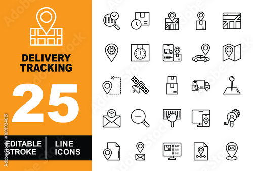 Delivery Tracking line icon set. Map, Search, Box, Clock, Car, Satellite, Truck, Pin, Mail, Computer, and more. Editable stroke icons collection.