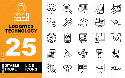 Logistics Technology line icon set. Map, Eye, Barcode, Search, Phone, Server, Satellite, Compass, Route, Package, Face, Scale, Network, Monitor, Truck, Car, and more. Editable stroke icons collection.