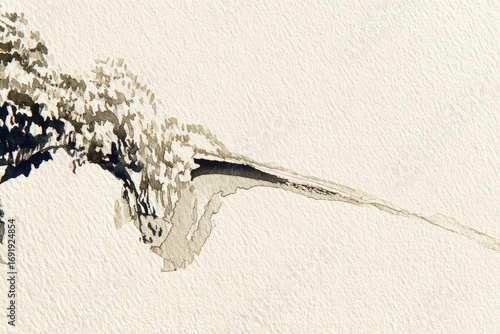 Abstract ink wash painting on paper.  A dark, textured mass flows into a lighter, flowing tail