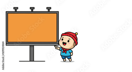 Cute Cartoon Character Pointing at Blank Orange Billboard