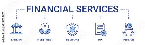 Financial Services icon set containing 5 types of financial services. Banking, investment, insurance, tax and pensions vector icons