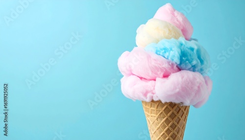Colorful cotton candy stacked high in a waffle cone, against a light blue background with space for text on the left