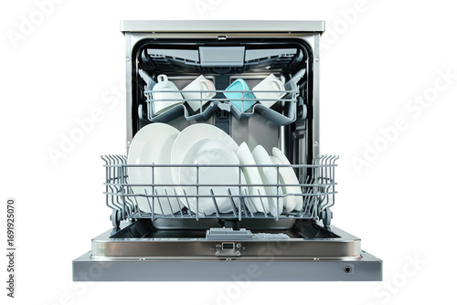 Modern dishwasher appliance with open door showing racks and compartments isolated on transparent background.