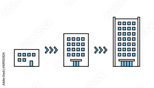 事業拡大に成功して会社の建物が大きくなっていく状況のイメージイラスト