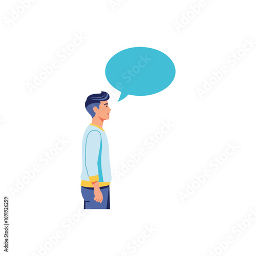 Man speaking and communicating with a speech bubble above his head, representing teamwork, discussion, and cooperation in a brainstorming session, sharing information and advice