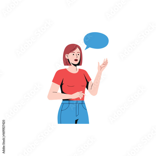 Woman with bob haircut gestures while speaking, expressing an idea.
