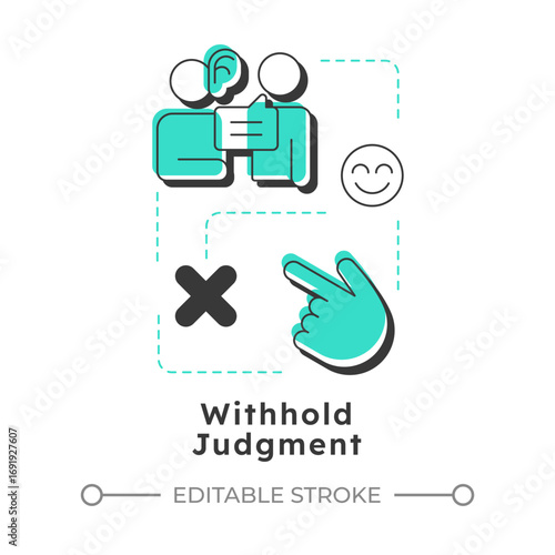 Withhold judgment modern linear concept icon. Partnership, friendship. Active listening, communication. Flat outline elements connected with dotted lines. Creative visual. Easy to edit
