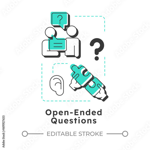 Open-ended questions modern linear concept icon. Conversation, dialogue. Social communication. Puzzle pieces. Flat outline elements connected with dotted lines. Creative visual. Easy to edit
