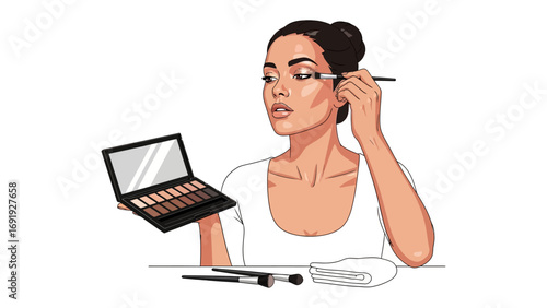 A young woman with dark hair applying eyeshadow with a brush while holding a makeup palette with a mirror and brushes nearby