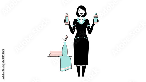 Stylish woman in black dress holding two different beauty products in each hand in front of a vanity table