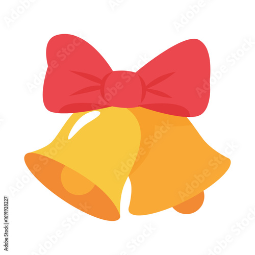 Christmas bells with red ribbon bow. Two golden jingle bells with festive decoration symbolizing holiday celebration and New Year spirit. Vector illustration.