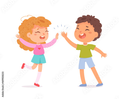 Happy kids giving a high five. Smiling girl and boy celebrating together. Friendship and teamwork concept. Cute flat vector illustration isolated on white background.