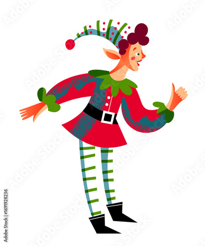 Christmas elf with curly hair in red and green costume. Festive character wearing striped leggings, jester hat with pompom, and cheerful expression. Holiday helper pose. Flat vector illustration.