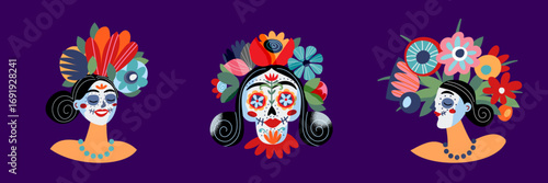 Catrina La Calavera vector flat illustration. Festive spooky skeleton female face Dia de los muertos, Day of the dead celebration isolated. Colorful woman sugar skull in flower wreath.