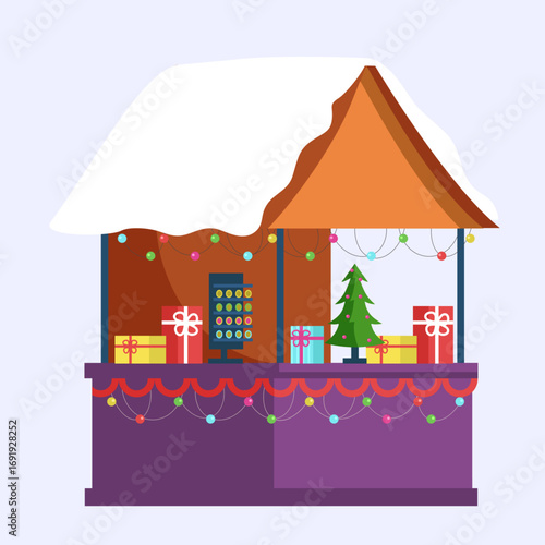Christmas market stall with snow-covered roof. December fair. Decorated with string lights, gift boxes, and festive garlands. Outdoor holiday shops. Cartoon vector illustration.