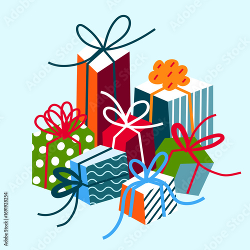 Christmas gift boxes with colorful wrapping paper and ribbon bows. Birthday decorative presents in various shapes and patterns arranged together. Festive holiday vector illustration.