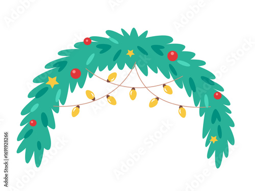 Christmas garland. Xmas green fir branch decorated with red balls, yellow stars, and string lights. Festive winter holiday element. Vector illustration.
