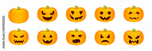Halloween pumpkin faces collection. Set of carved pumpkins with different spooky, funny and scary expressions for autumn holiday decoration and party design. Cartoon vector illustration.