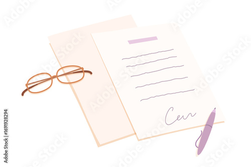 Documents and glasses on desk. Minimalistic flat vector illustration of papers with handwritten text, eyeglasses, purple pen, isolated on white background. Office, study, paperwork themes.