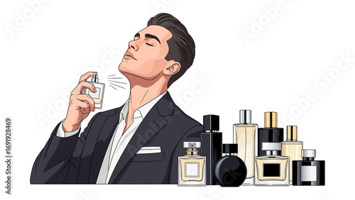 Stylish man in a suit enjoying the aroma of a luxury perfume bottle with a collection of designer fragrances displayed nearby