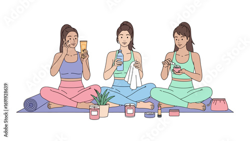 Three young women in colorful athletic wear practice yoga meditation and mindfulness exercises together on mats holding healthy drinks and snacks