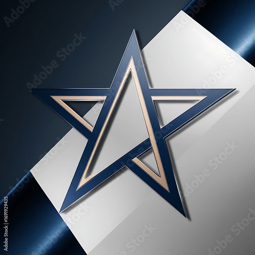 A sleek, modern five-pointed star emblem rests on a metallic, textured background with a polished, reflective surface.