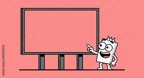 Cartoon Character Pointing at a Blank Billboard Sign