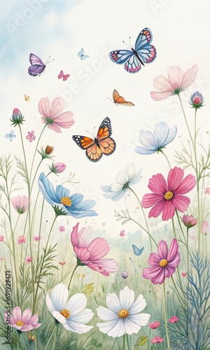 Watercolor painting of cosmos flowers and butterfly