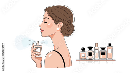 Elegant woman applying perfume from a spray bottle with a collection of luxury fragrances displayed on a shelf in the background