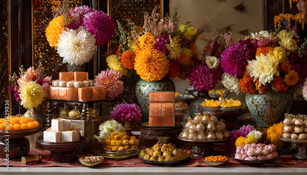 Fototapeta premium Traditional Diwali confections and blooms set on elaborate festive table arrangement