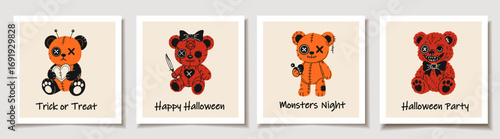 Set of four creepy gothic teddy bears on Halloween Cards