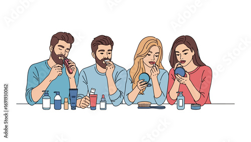 Diverse group of young adults applying makeup and grooming facial hair with various cosmetic products and tools on a white background