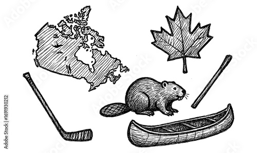 Hand drawn canadian symbols: map, leaf, beaver, hockey, canoe