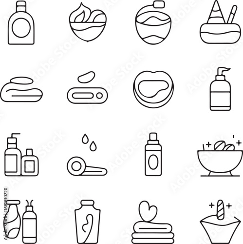 Spa and beauty product outline icons skincare cosmetic
