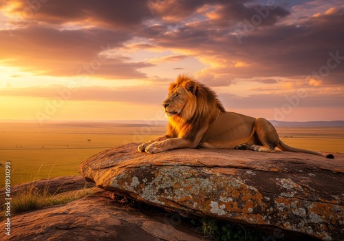 A lone lion resting on a rocky outcrop overlooking endless grassland, wide horizon scene