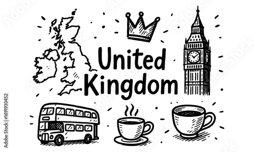 Hand drawn united kingdom icons featuring big ben and double decker bus
