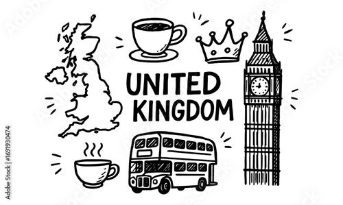 Hand drawn united kingdom icons: big ben, double decker, tea, and crown in doodle style
