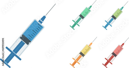 Collection of medical syringes with colorful liquids for healthcare and science vector