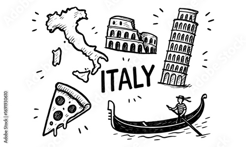 Hand-drawn icons of italy featuring landmarks and culture