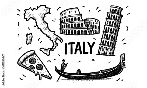 Hand drawn italian icons featuring colosseum, leaning tower, gondola, pizza, and italy map