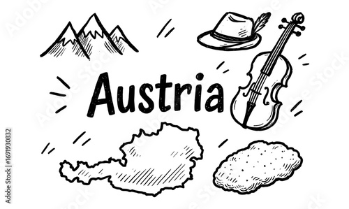 Austria doodle style icons: mountains, hat, violin, and country map