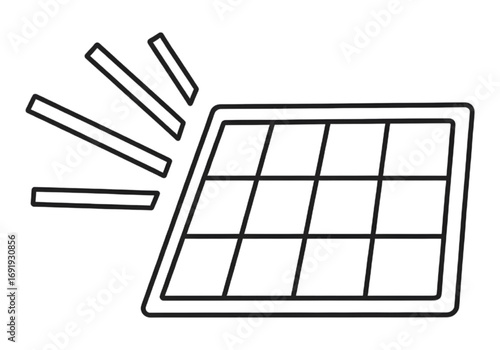 Basic outline of a solar panel with sun rays, flat icon, PNG, no shadows