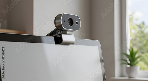 Modern webcam mounted on a laptop in a home office setting. Device is stationary and focused on the screen. Young professional working from home office with natural light.