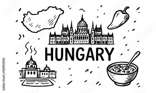 Hungary sketches: landmarks, cuisine, and icons in detailed hand-drawn style