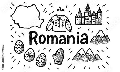 Hand drawn sketch of romania symbols: traditional elements and landmarks