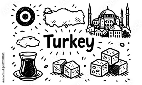 Hand drawn turkey icons featuring landmarks, culture, and cuisine elements