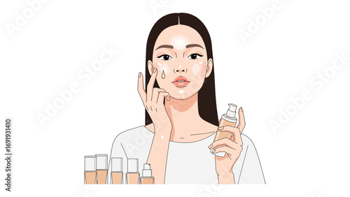 Young woman applying foundation makeup to her face with a bottle of liquid foundation in her hand showcasing a beauty routine